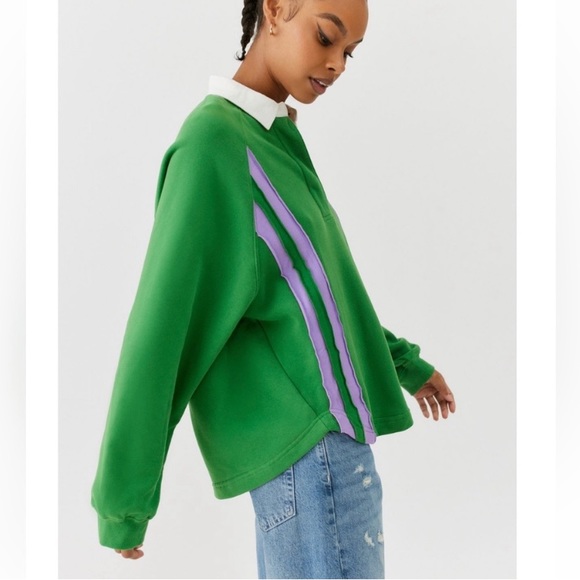 NWT UO Vintage Look Collared Henley Light Sweatshirt – Green / Lavender Striped - Picture 3 of 4